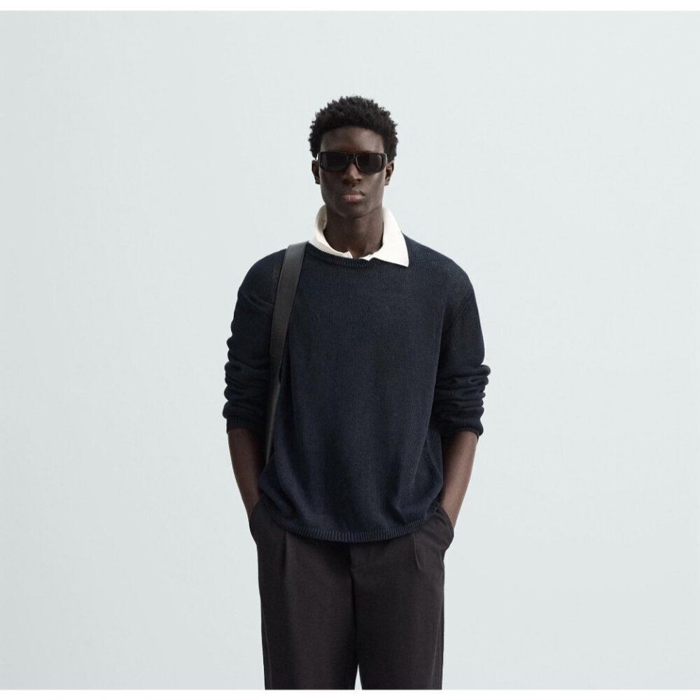 Zara Origins Mens Sweater Size S Navy Blue 100% Linen Crewneck 2893/434 NWT